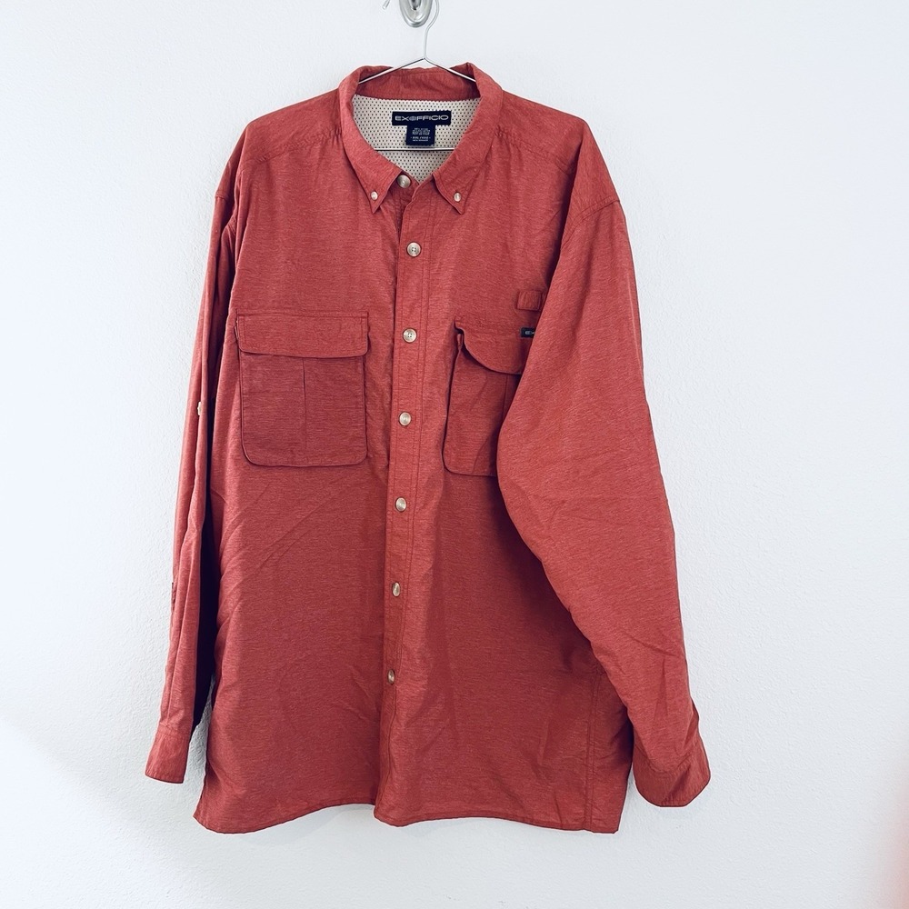Exofficio Shirt Men 2XL Orange Hiking Fishing Button Up Vented Outdoor Pocket